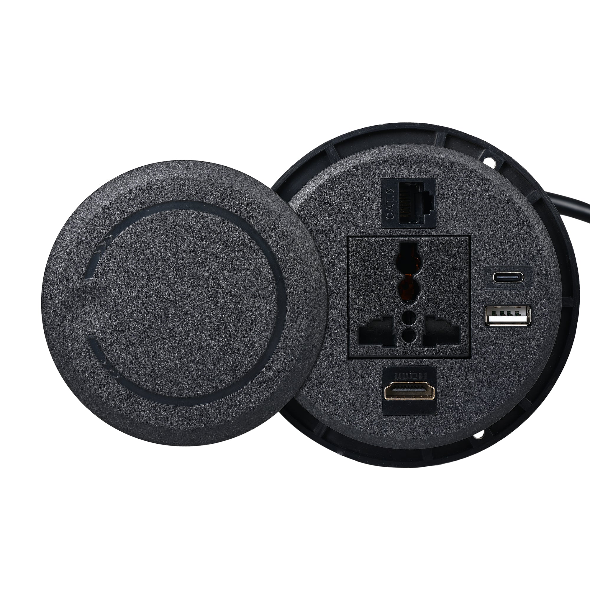 BOXNUBE Office Desk Swivel Round Grommet Socket with 6A Power, USB A, USB C, HDMI & CAT6 Lan Sockets | Round Cable Cubby BOXNUBE Office Desk Swivel Round Grommet Socket with 6A Power, USB A, USB C, HDMI & CAT6 Lan Sockets | Round Cable Cubby